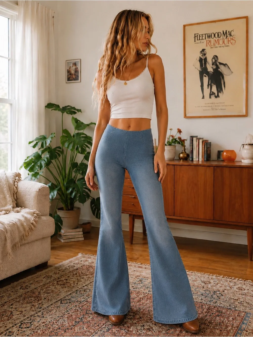 Free People Retro 70s Vibe Flare Jeans pull on knee dart boho